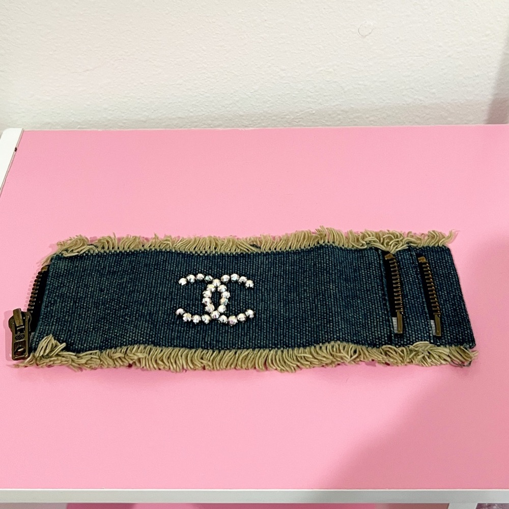 πSOLDπ CHANEL Embellished Denim Cuff Bracelet - Picture 1 of 8